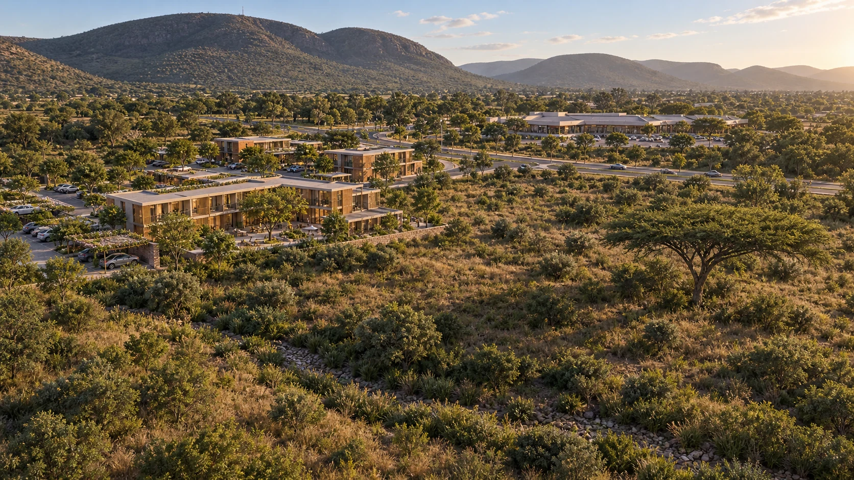 Concept overview of a low-rise hotel and office cluster in the Haarties landscape, with open land and the Magaliesberg ridge beyond.