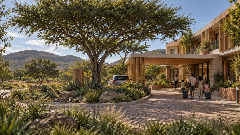 Arriving at the hotel. A shaded drop-off and planted forecourt bring the scale down to the guest arriving on foot.