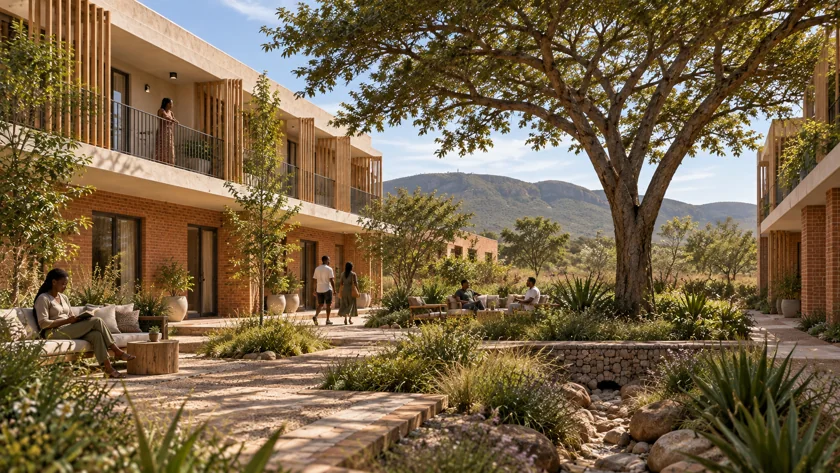 A sheltered hotel courtyard. Hotel rooms frame a sheltered garden, with shaded galleries and places to pause.