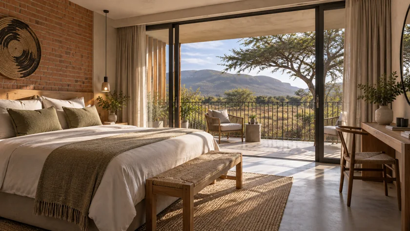 A room opening to the landscape. Timber screens, natural finishes and an outdoor seat shape a possible guest-room experience.