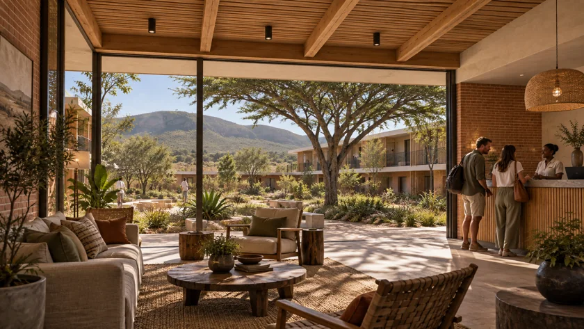 The shared lounge. A modest lounge and reception open onto the courtyard rather than an oversized atrium.