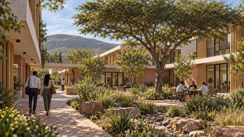 Small offices around a garden. Small professional suites share a planted courtyard and an outdoor meeting space.