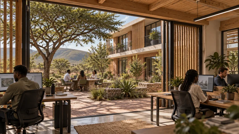 A workspace with an outdoor room. An office opens to a shaded patio, giving everyday work a connection to the garden.