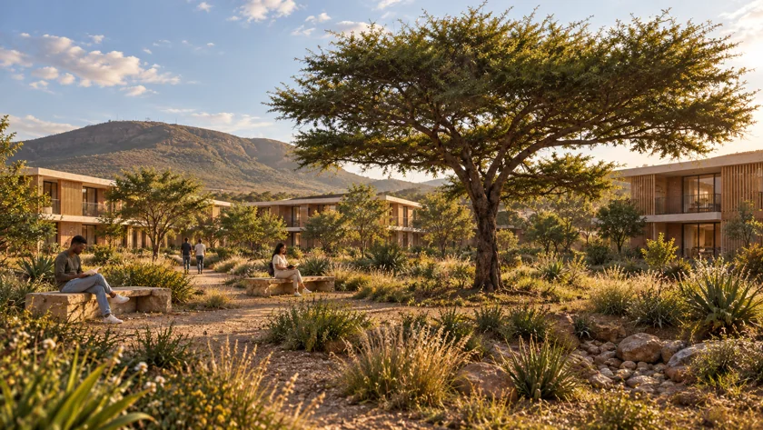 Keeping the broad-canopied tree. The broad-canopied tree seen in the site photographs inspires a garden kept open around its trunk.