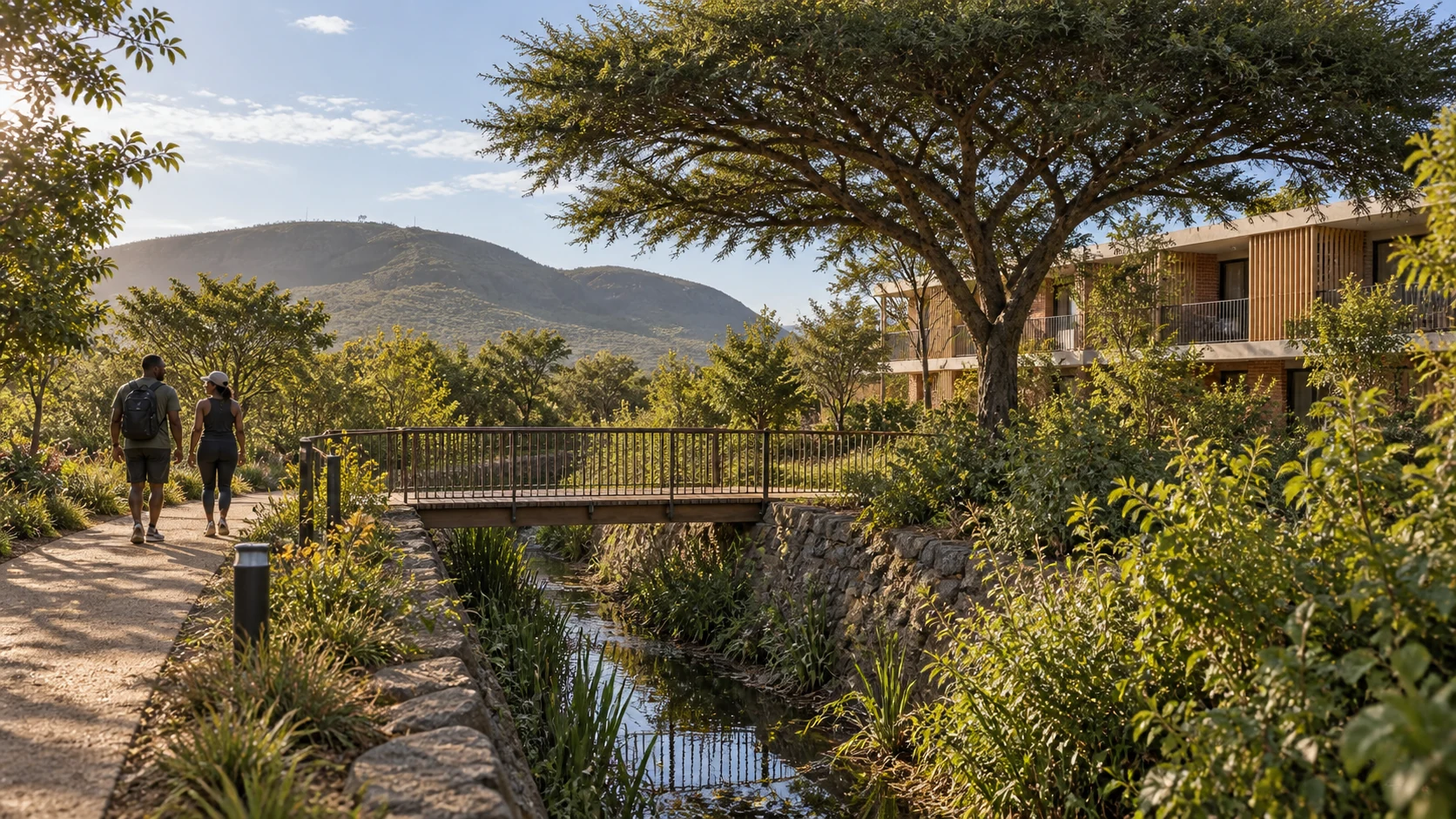 Concept view of a planted walk beside a stone-lined watercourse
