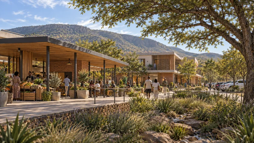 A possible market and café edge. A market and café edge explores a commercial idea near the mall. No tenant, lease or access approval is implied.
