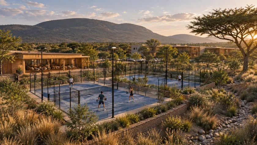 A possible padel garden. Padel courts and a small clubhouse explore an optional leisure use. Noise, operator demand and siting need testing.