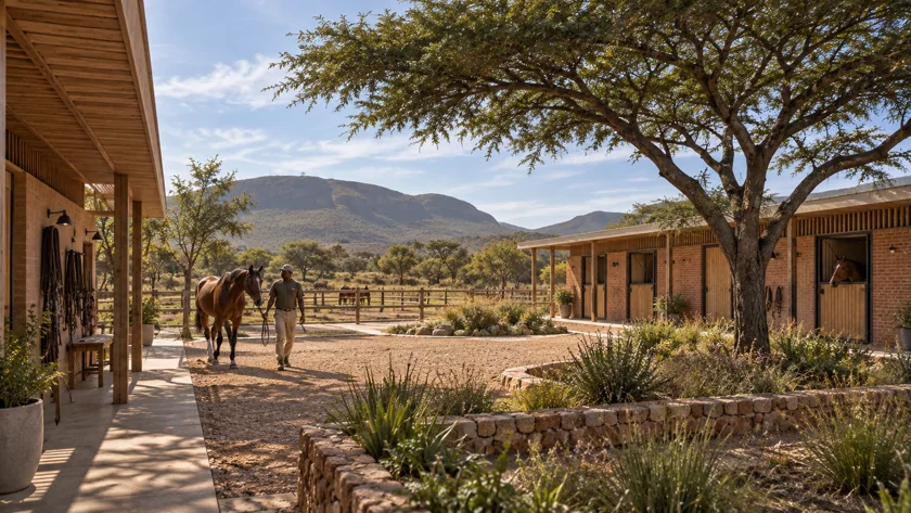 A possible equestrian courtyard. A small stable courtyard explores the equestrian idea in the project record. It is not part of the hotel-office base case.