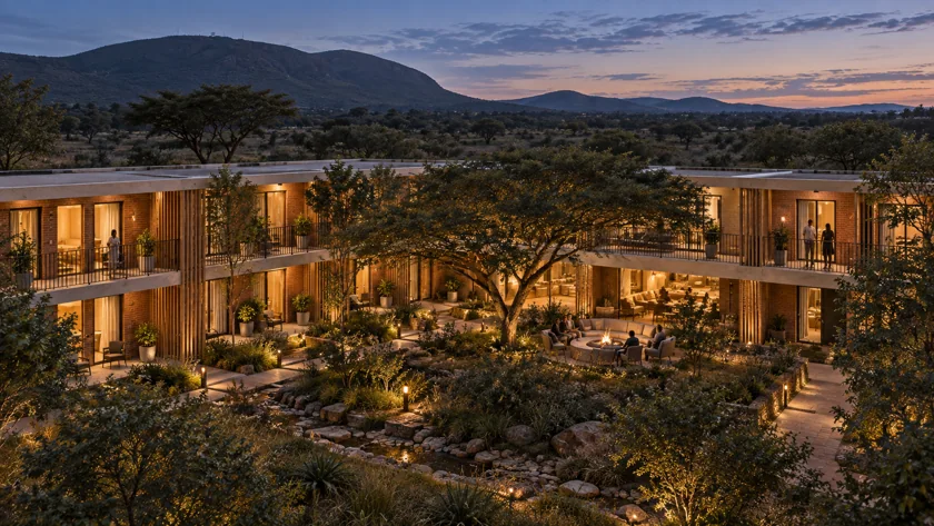 The hotel after sunset. A dusk view explores a quieter hotel courtyard, with warm interiors and restrained outdoor lighting.